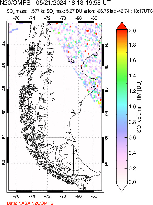 A sulfur dioxide image over Southern Chile on May 21, 2024.