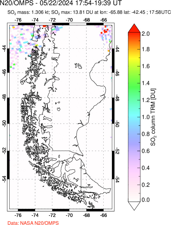 A sulfur dioxide image over Southern Chile on May 22, 2024.