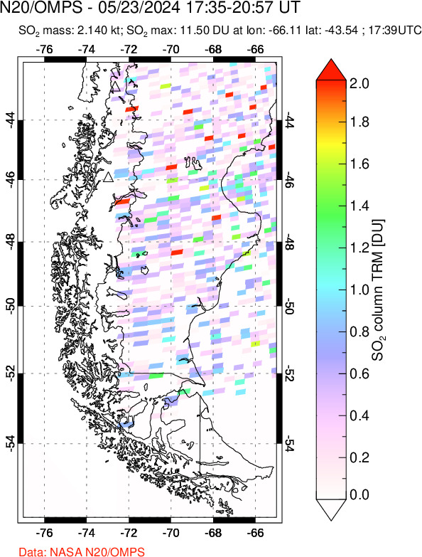 A sulfur dioxide image over Southern Chile on May 23, 2024.