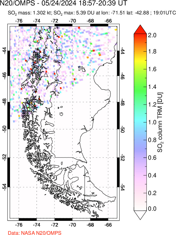 A sulfur dioxide image over Southern Chile on May 24, 2024.