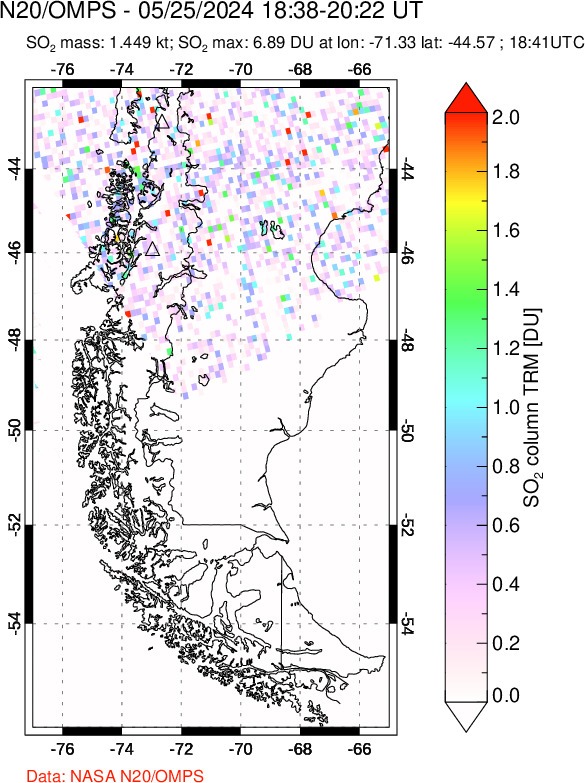 A sulfur dioxide image over Southern Chile on May 25, 2024.