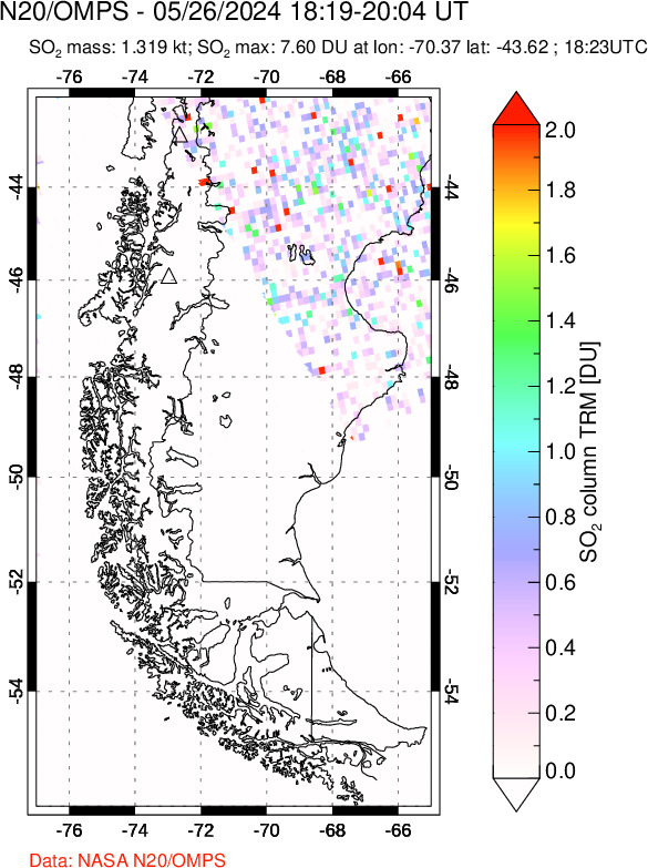 A sulfur dioxide image over Southern Chile on May 26, 2024.