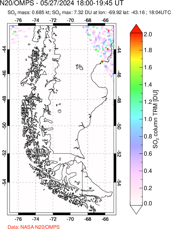 A sulfur dioxide image over Southern Chile on May 27, 2024.