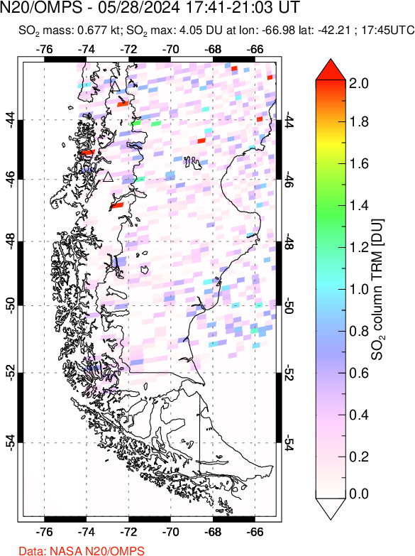 A sulfur dioxide image over Southern Chile on May 28, 2024.