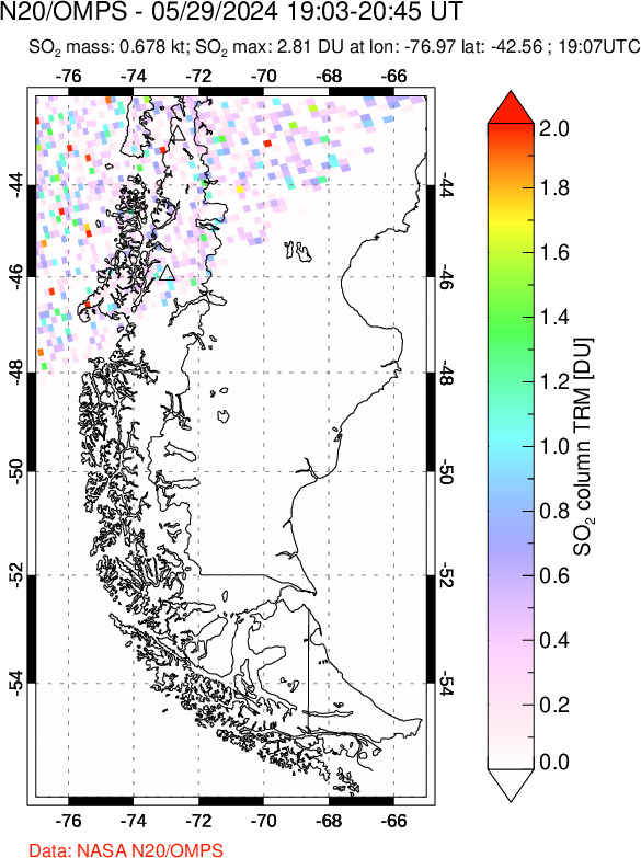 A sulfur dioxide image over Southern Chile on May 29, 2024.