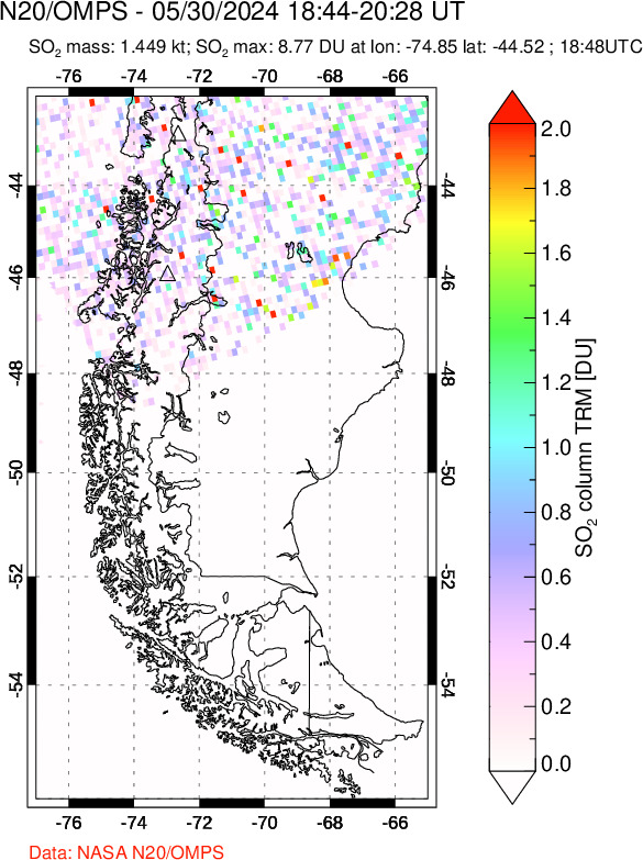 A sulfur dioxide image over Southern Chile on May 30, 2024.