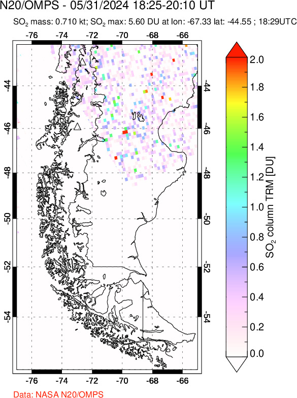 A sulfur dioxide image over Southern Chile on May 31, 2024.