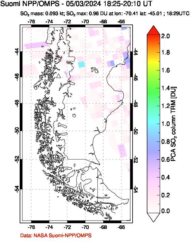 A sulfur dioxide image over Southern Chile on May 03, 2024.