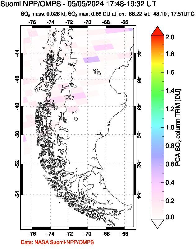 A sulfur dioxide image over Southern Chile on May 05, 2024.