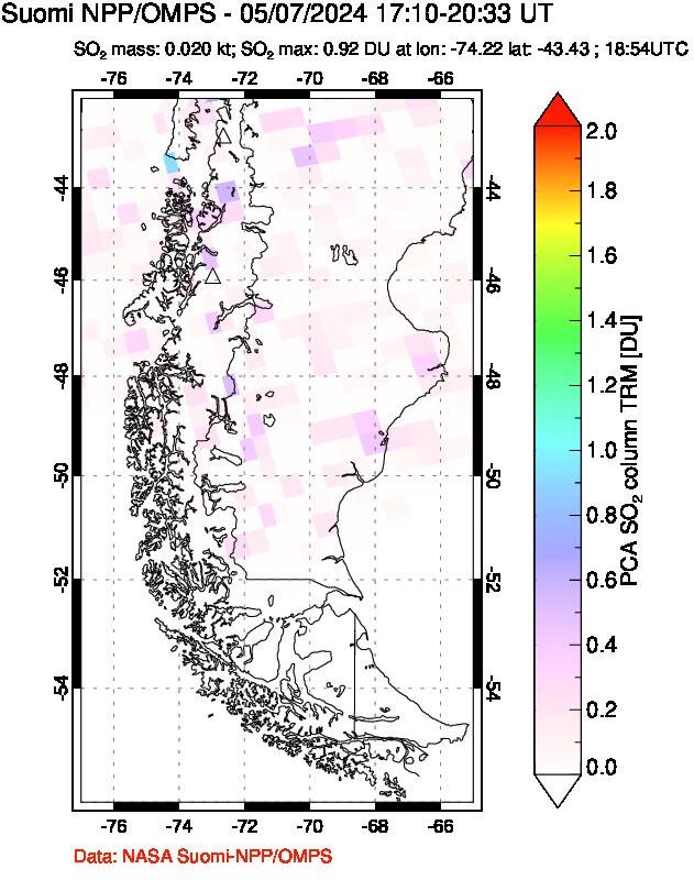 A sulfur dioxide image over Southern Chile on May 07, 2024.