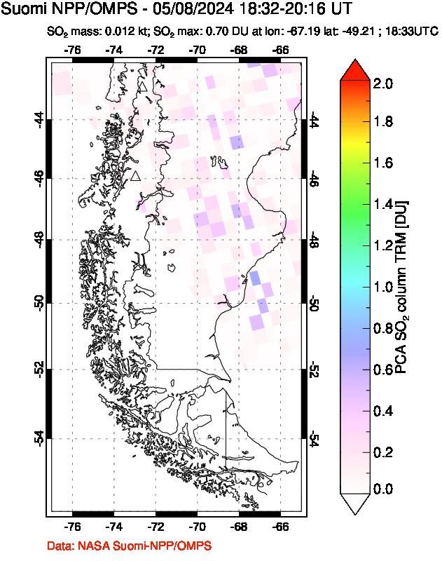 A sulfur dioxide image over Southern Chile on May 08, 2024.