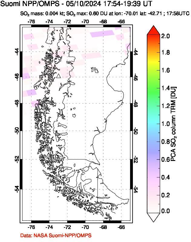 A sulfur dioxide image over Southern Chile on May 10, 2024.