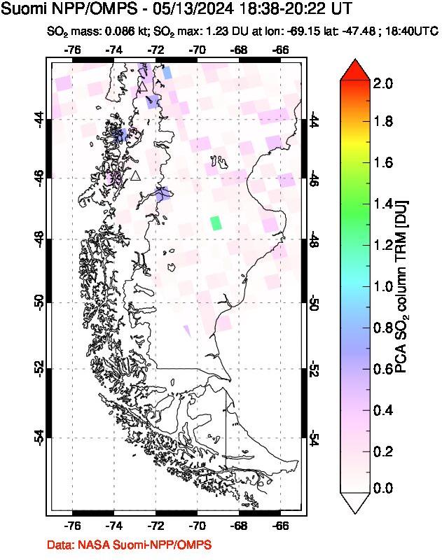 A sulfur dioxide image over Southern Chile on May 13, 2024.