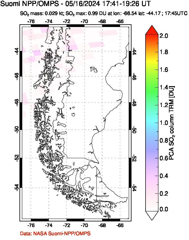 A sulfur dioxide image over Southern Chile on May 16, 2024.