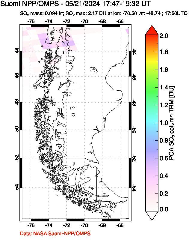 A sulfur dioxide image over Southern Chile on May 21, 2024.