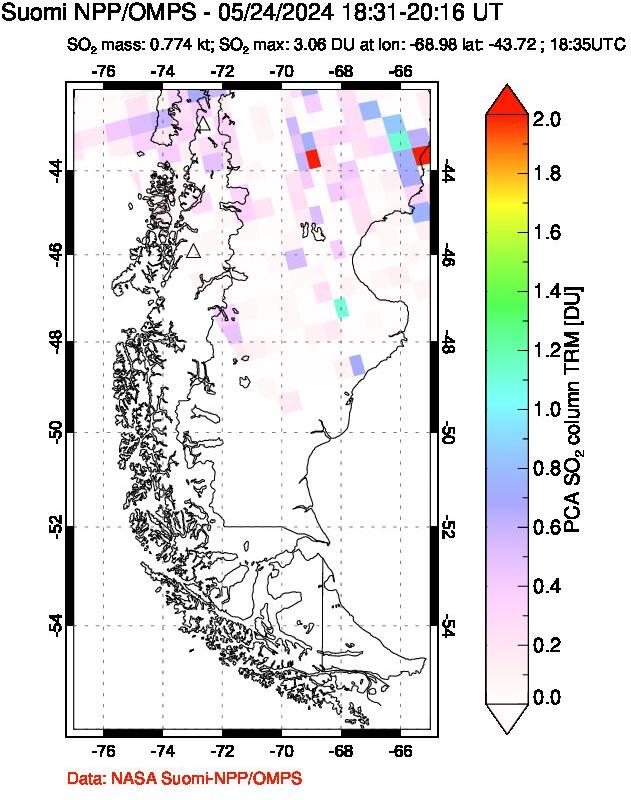 A sulfur dioxide image over Southern Chile on May 24, 2024.