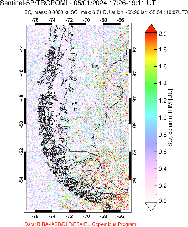 A sulfur dioxide image over Southern Chile on May 01, 2024.