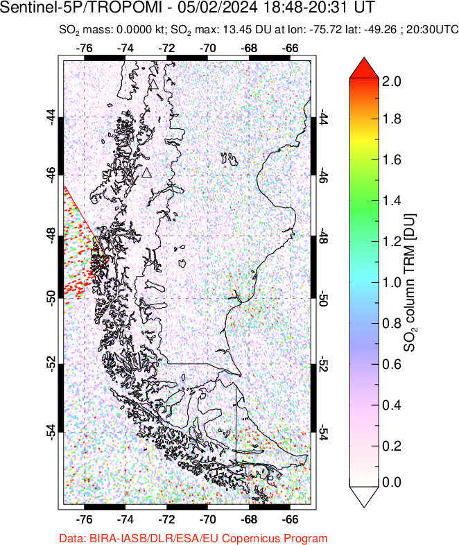 A sulfur dioxide image over Southern Chile on May 02, 2024.