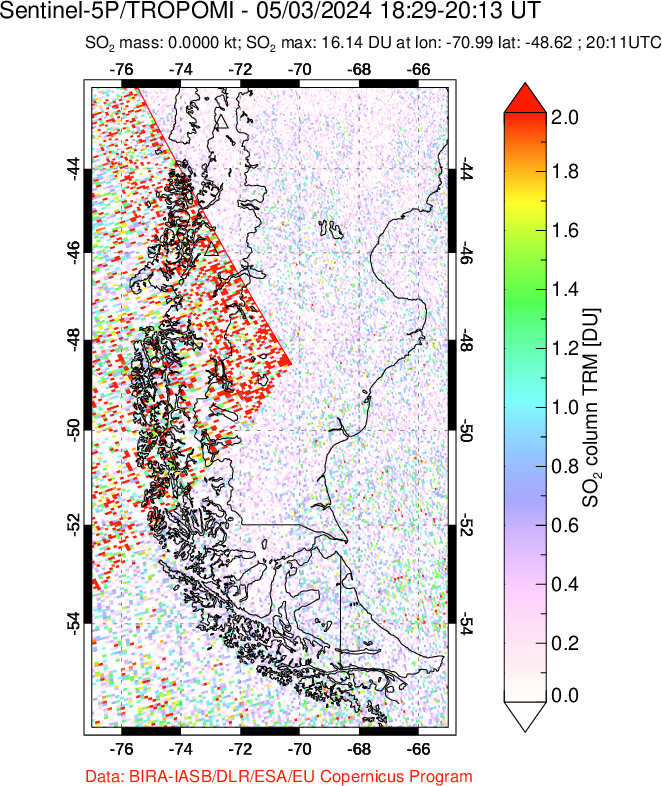 A sulfur dioxide image over Southern Chile on May 03, 2024.