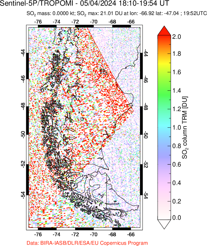 A sulfur dioxide image over Southern Chile on May 04, 2024.