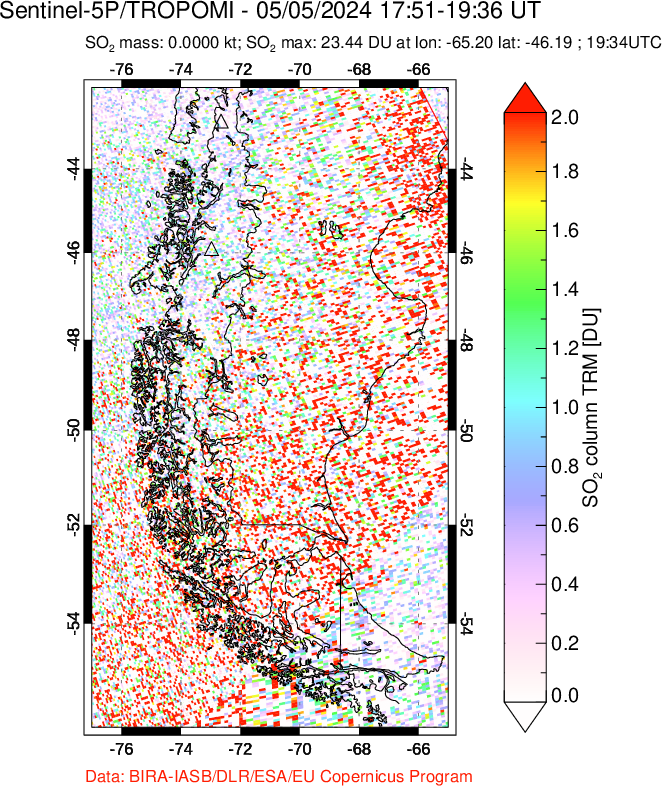 A sulfur dioxide image over Southern Chile on May 05, 2024.