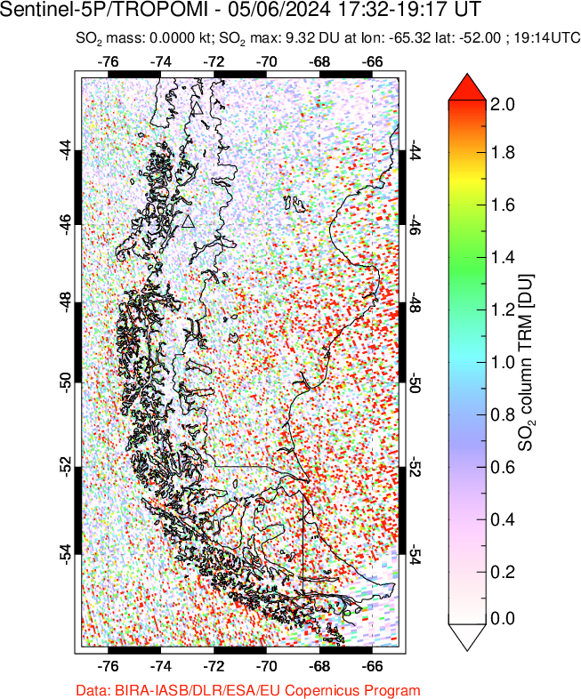 A sulfur dioxide image over Southern Chile on May 06, 2024.