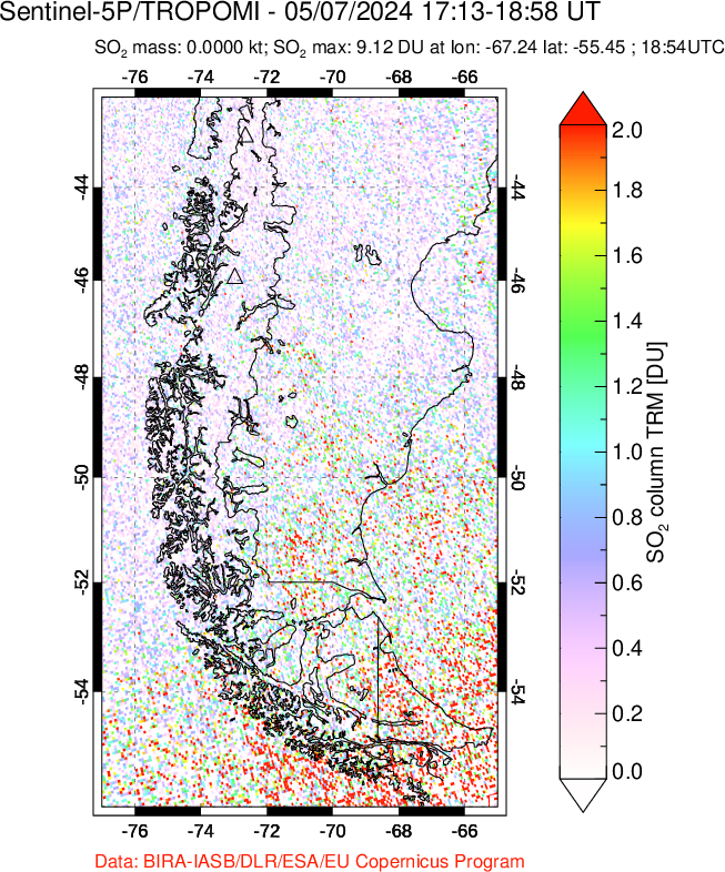 A sulfur dioxide image over Southern Chile on May 07, 2024.