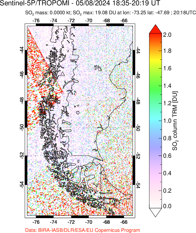 A sulfur dioxide image over Southern Chile on May 08, 2024.