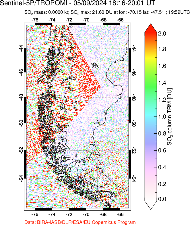 A sulfur dioxide image over Southern Chile on May 09, 2024.