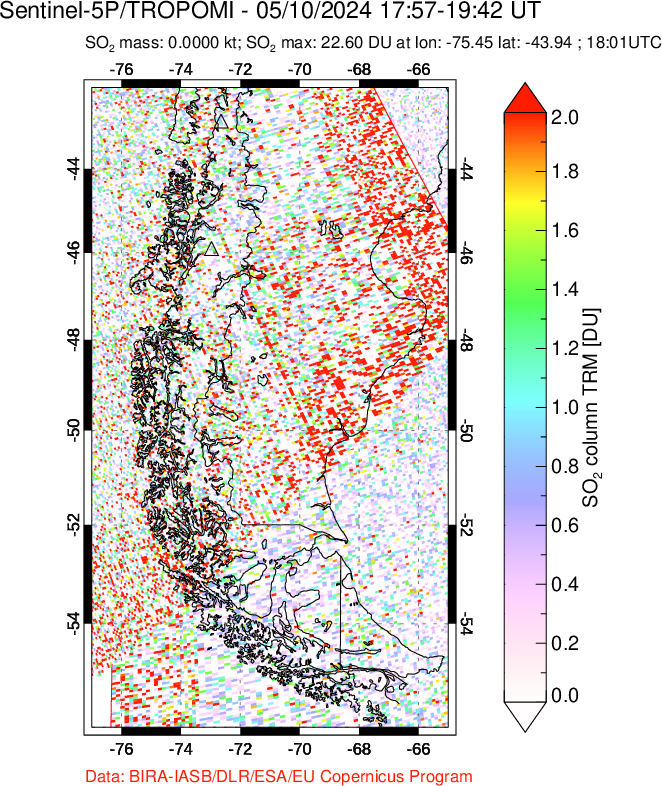 A sulfur dioxide image over Southern Chile on May 10, 2024.