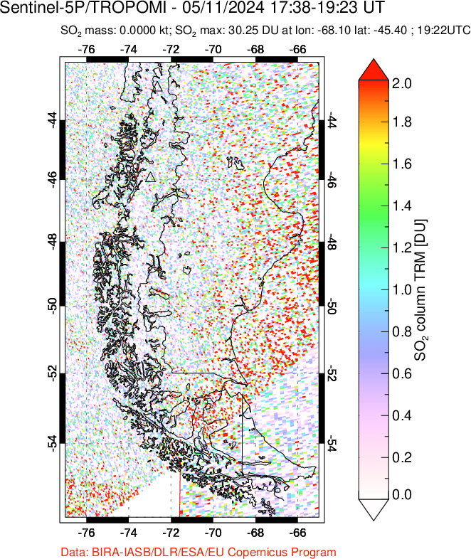 A sulfur dioxide image over Southern Chile on May 11, 2024.