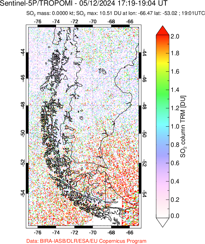 A sulfur dioxide image over Southern Chile on May 12, 2024.