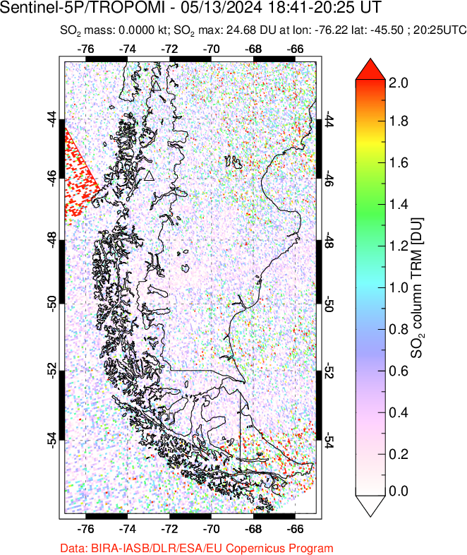 A sulfur dioxide image over Southern Chile on May 13, 2024.