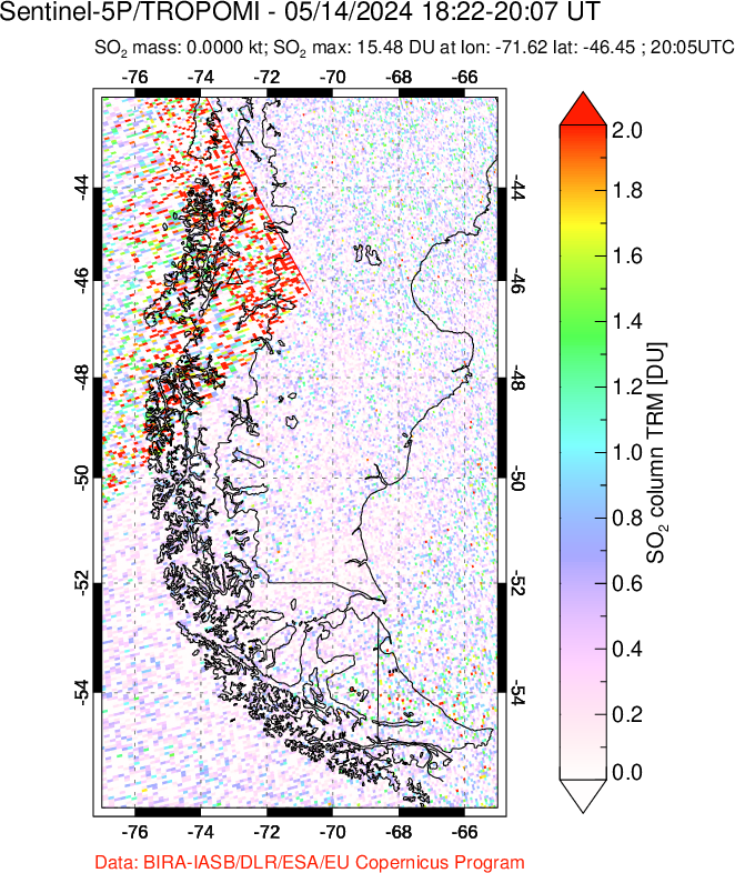 A sulfur dioxide image over Southern Chile on May 14, 2024.