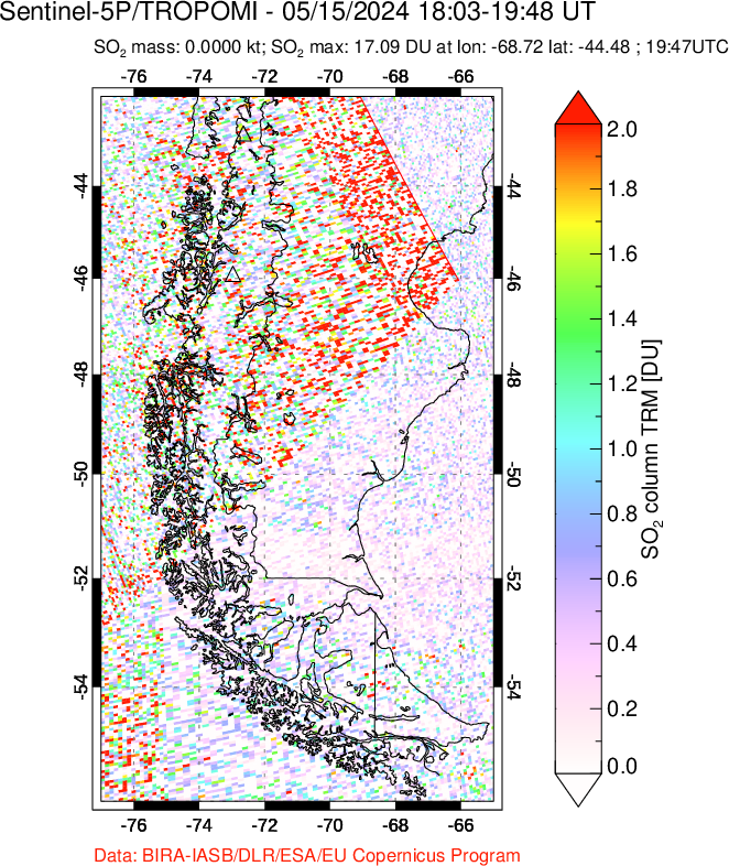 A sulfur dioxide image over Southern Chile on May 15, 2024.