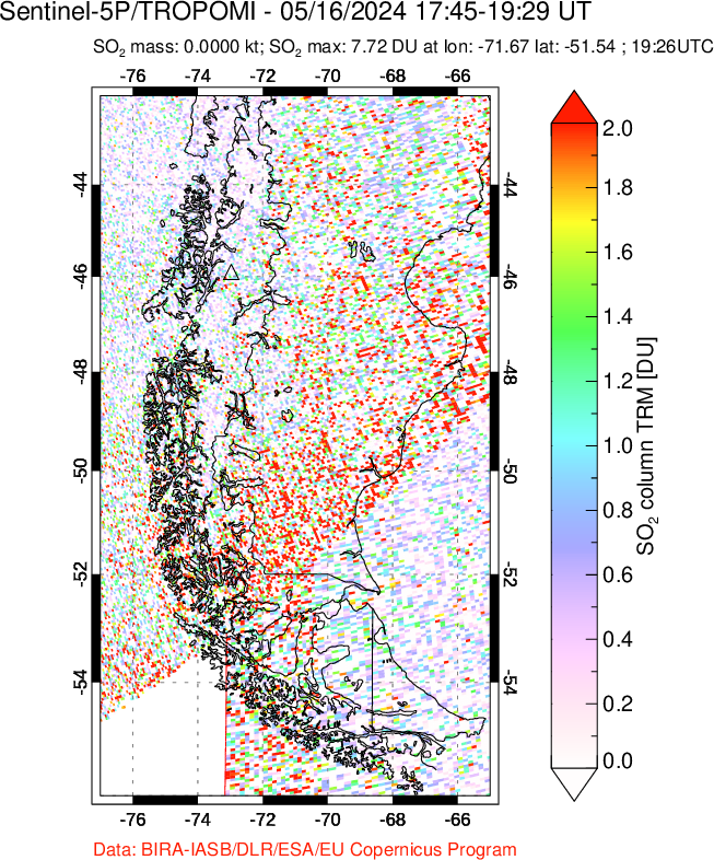 A sulfur dioxide image over Southern Chile on May 16, 2024.