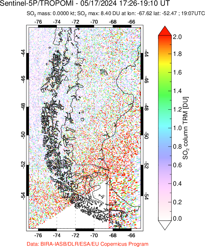 A sulfur dioxide image over Southern Chile on May 17, 2024.