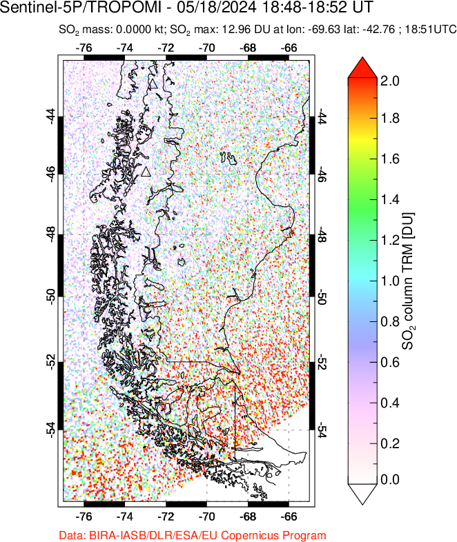 A sulfur dioxide image over Southern Chile on May 18, 2024.