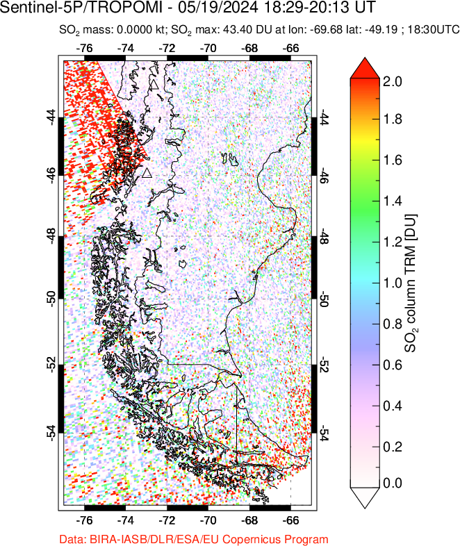 A sulfur dioxide image over Southern Chile on May 19, 2024.