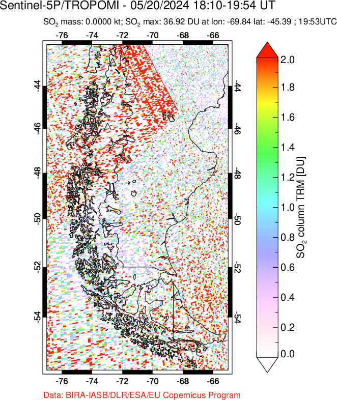 A sulfur dioxide image over Southern Chile on May 20, 2024.