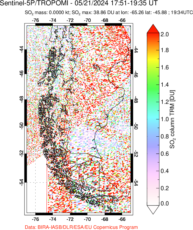 A sulfur dioxide image over Southern Chile on May 21, 2024.