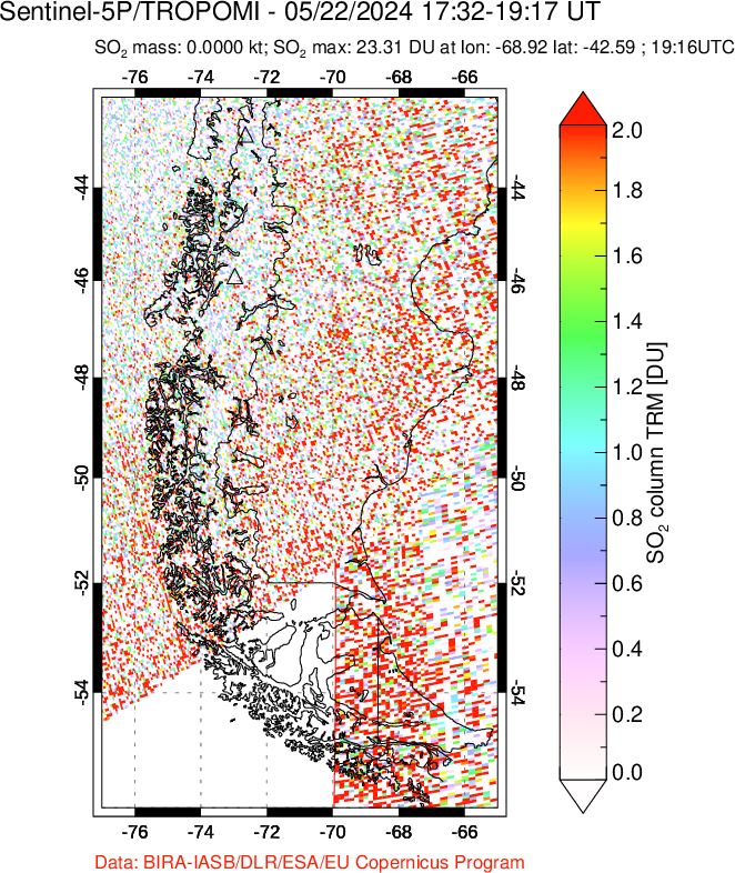 A sulfur dioxide image over Southern Chile on May 22, 2024.