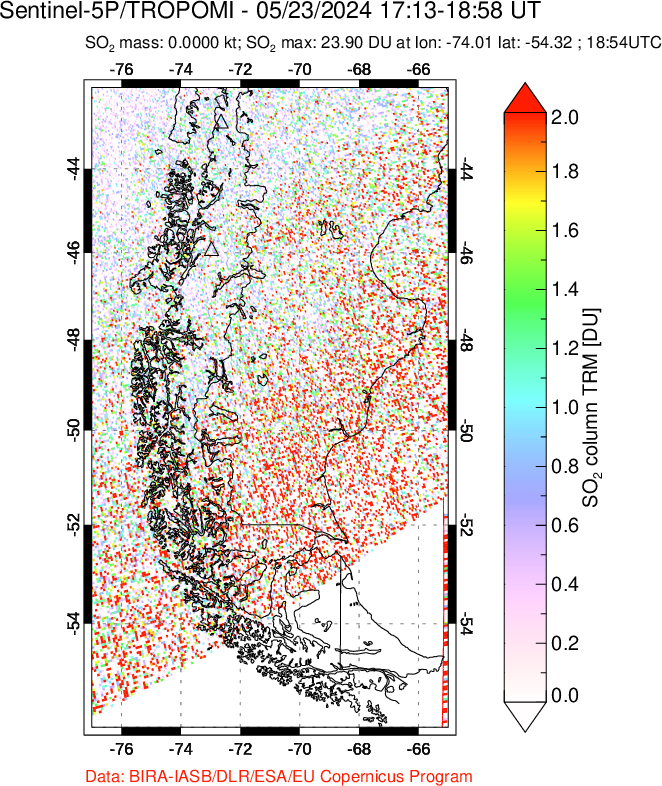 A sulfur dioxide image over Southern Chile on May 23, 2024.