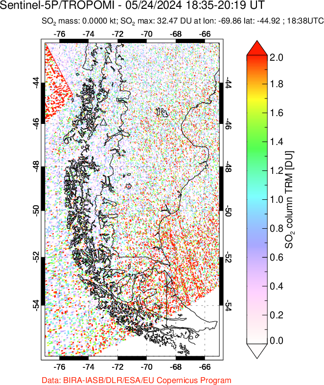 A sulfur dioxide image over Southern Chile on May 24, 2024.