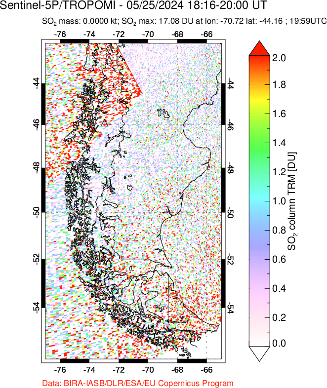 A sulfur dioxide image over Southern Chile on May 25, 2024.