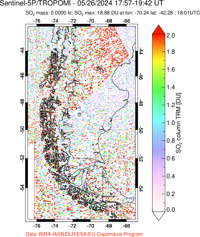 A sulfur dioxide image over Southern Chile on May 26, 2024.