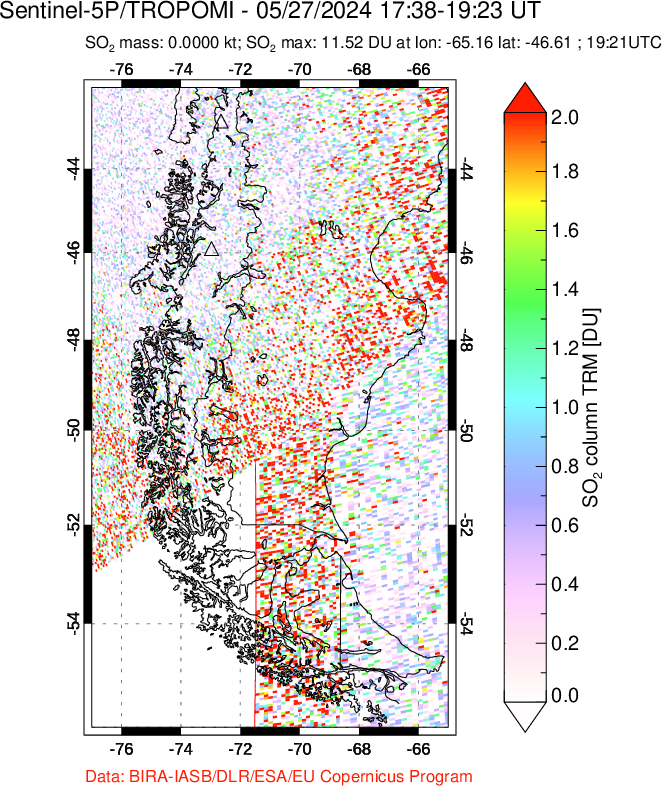 A sulfur dioxide image over Southern Chile on May 27, 2024.