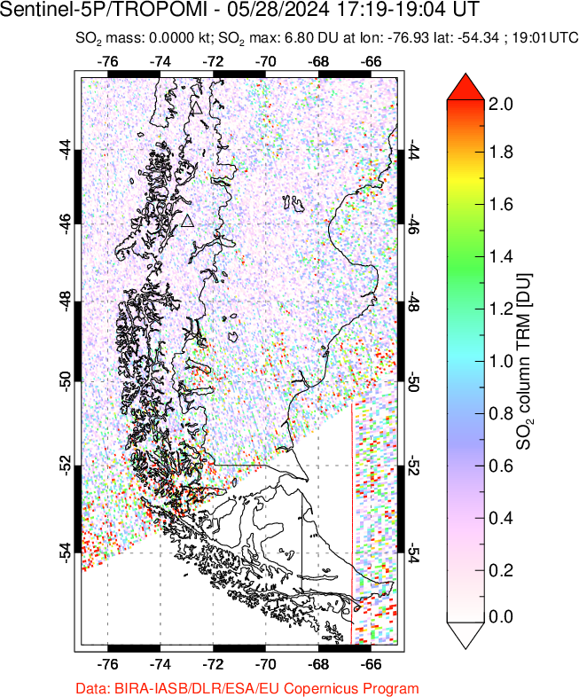 A sulfur dioxide image over Southern Chile on May 28, 2024.