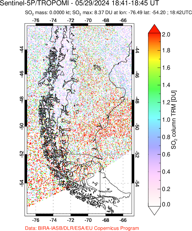 A sulfur dioxide image over Southern Chile on May 29, 2024.