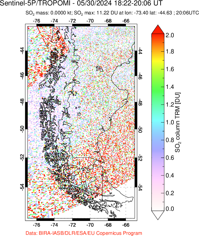 A sulfur dioxide image over Southern Chile on May 30, 2024.